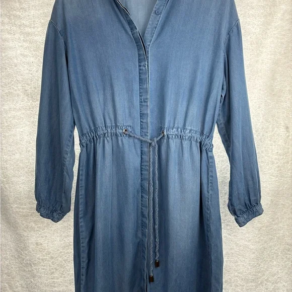 a.n.d easy Chambray Shirt Dress Light Blue Drawstring Waist Size L - Picture 3 of 7